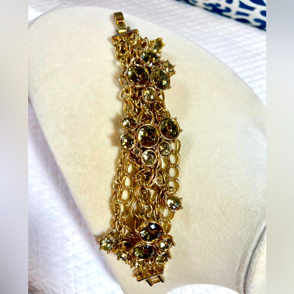 J. Crew Gold Tone Chain Bracelet w/ Light Green Bezel Set Gem Clusters